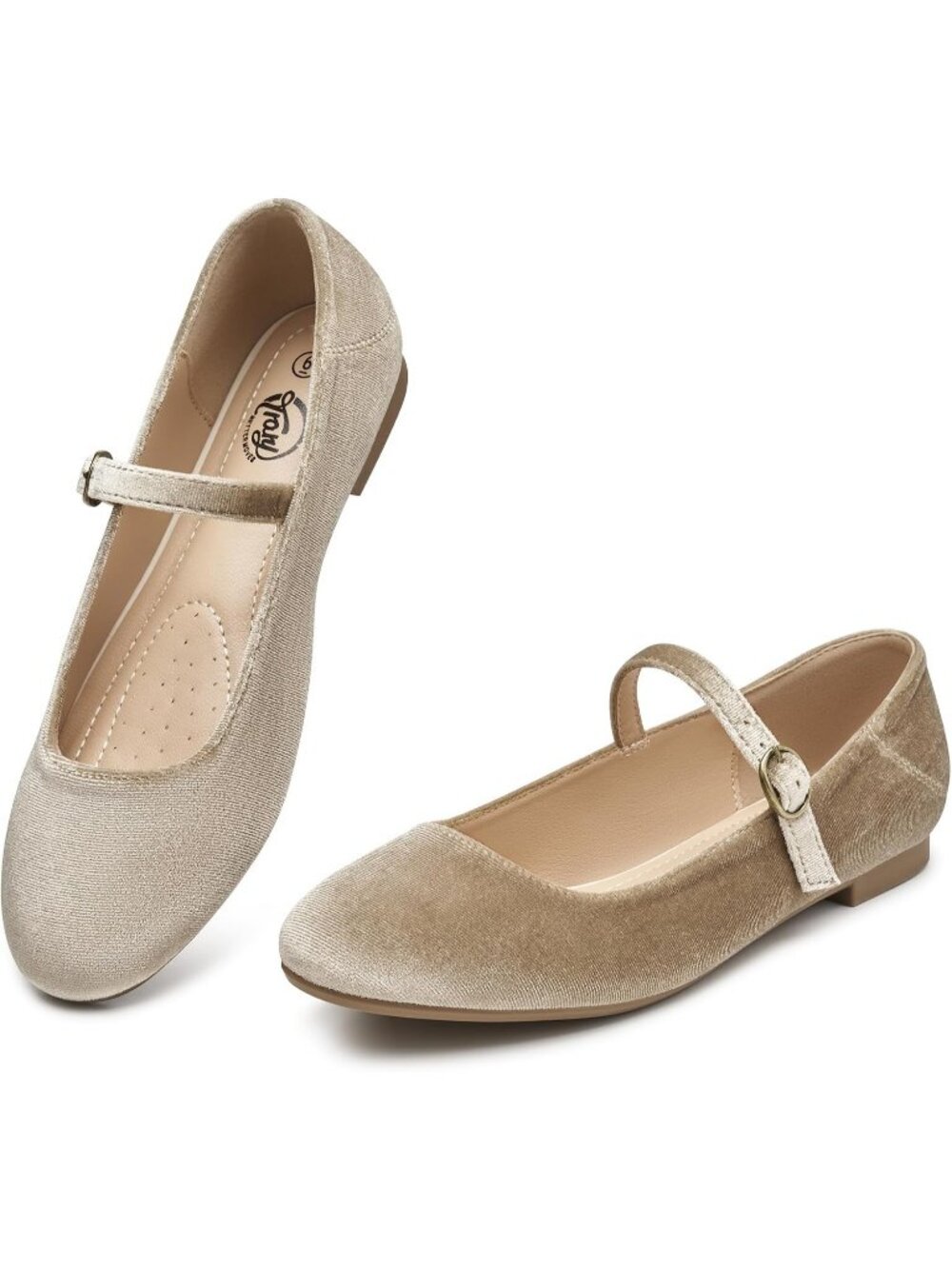 Women's Nude Velvet Ballet Flat Round Toe Comfort Strap Memory Foam Dress Shoes